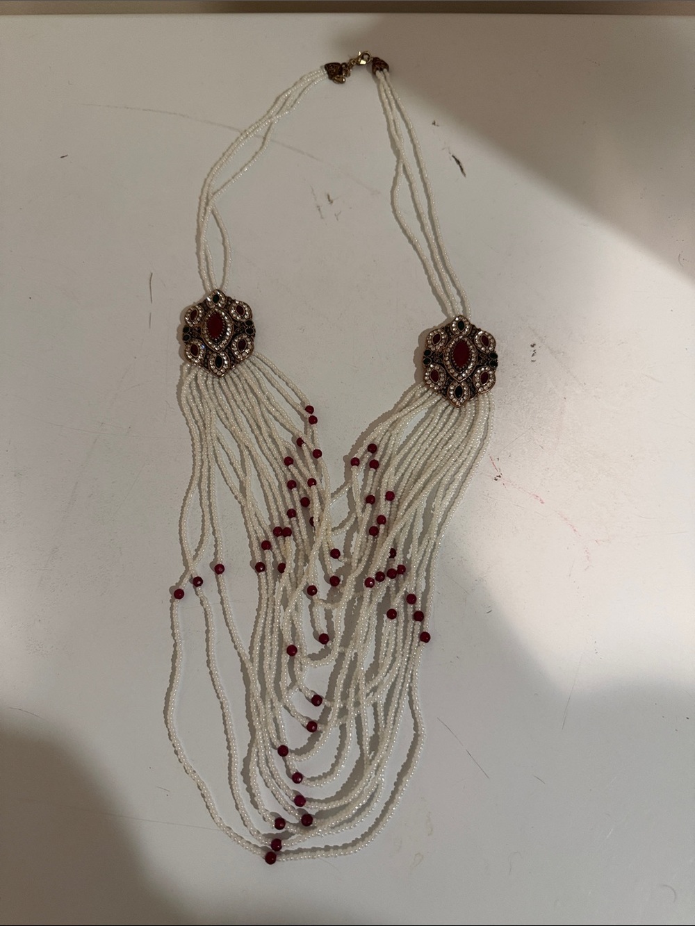 Zara Cream Multi-Strand Bead Necklace with Red Accents